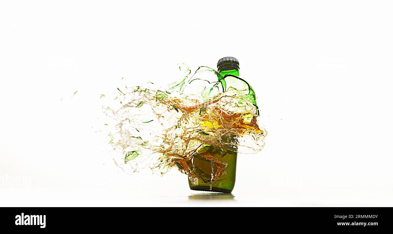 Bottle of Beer Breaking and Splashing against White Background Stock Photo Alamy
