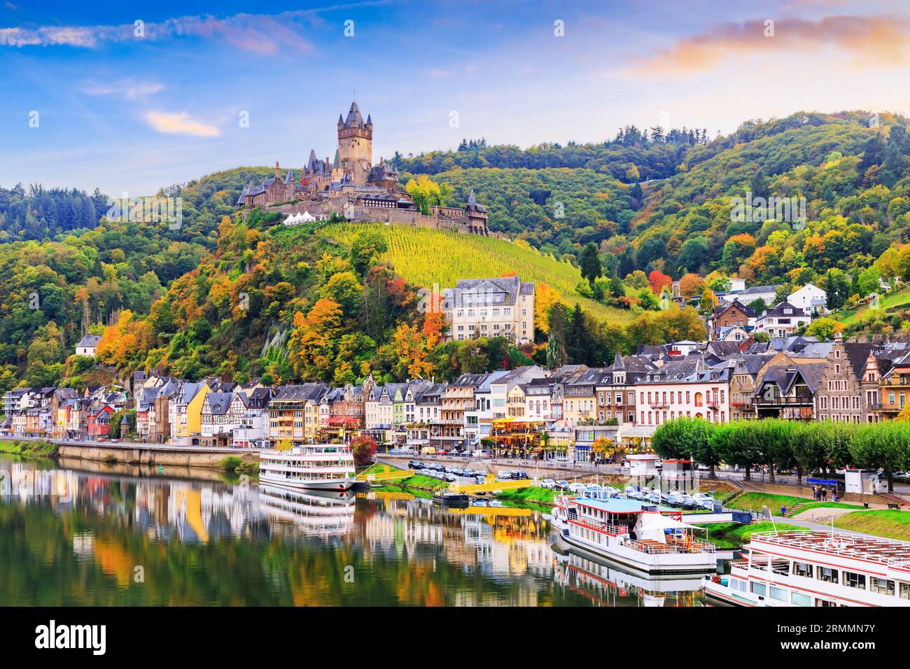 Cochem, Germany. Old town and the Cochem (Reichsburg) castle on the Moselle river. Stock Photo