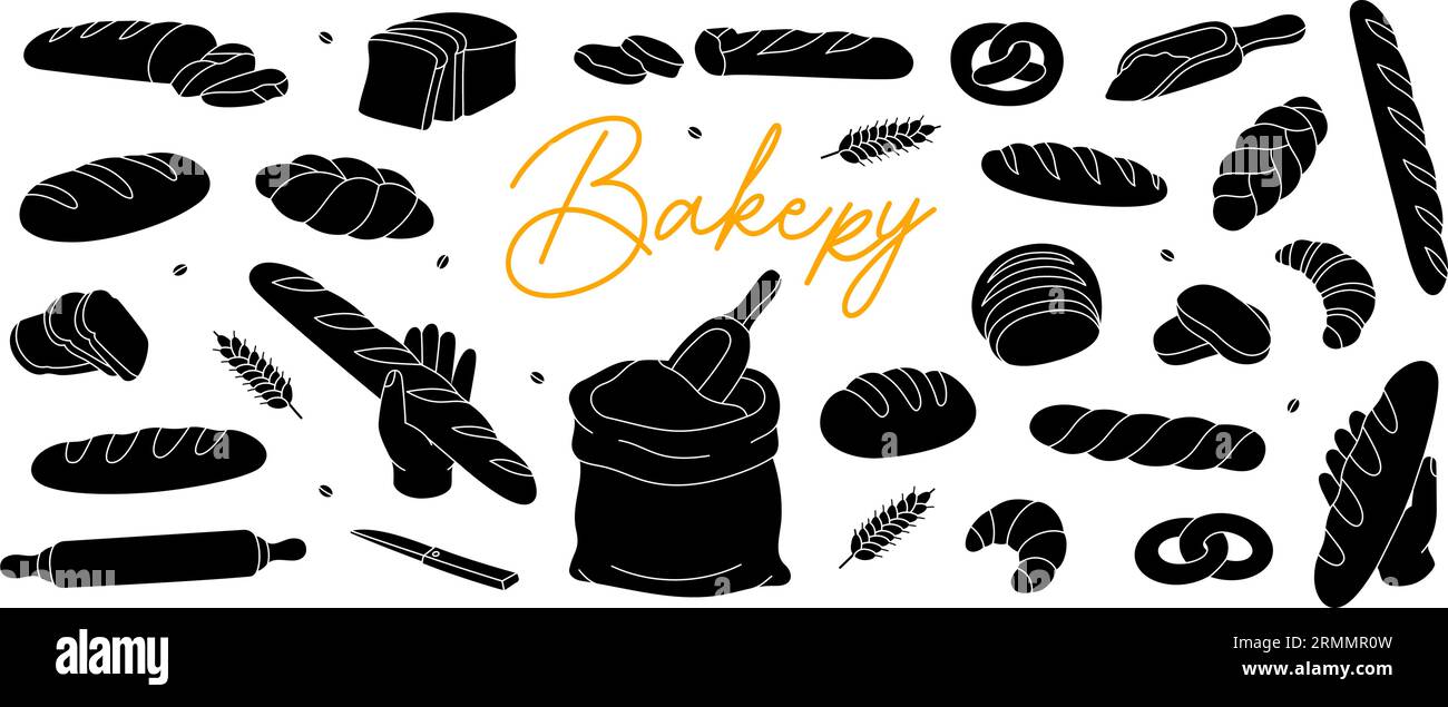 Bakery sketch set. Bread and pastry banner menu illustration. Whole ...