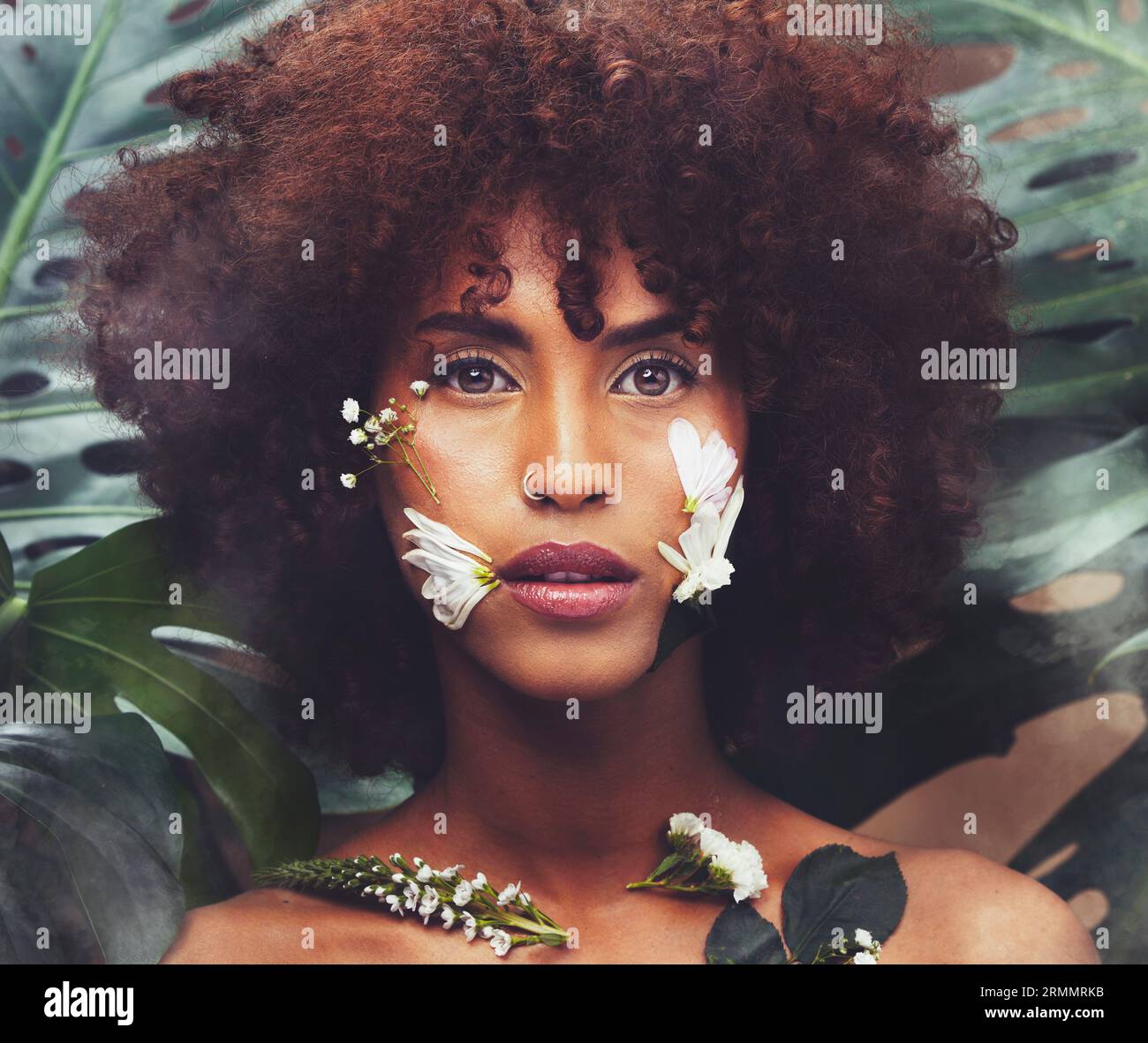 Flowers, art and portrait of black woman with beauty, skincare and ...