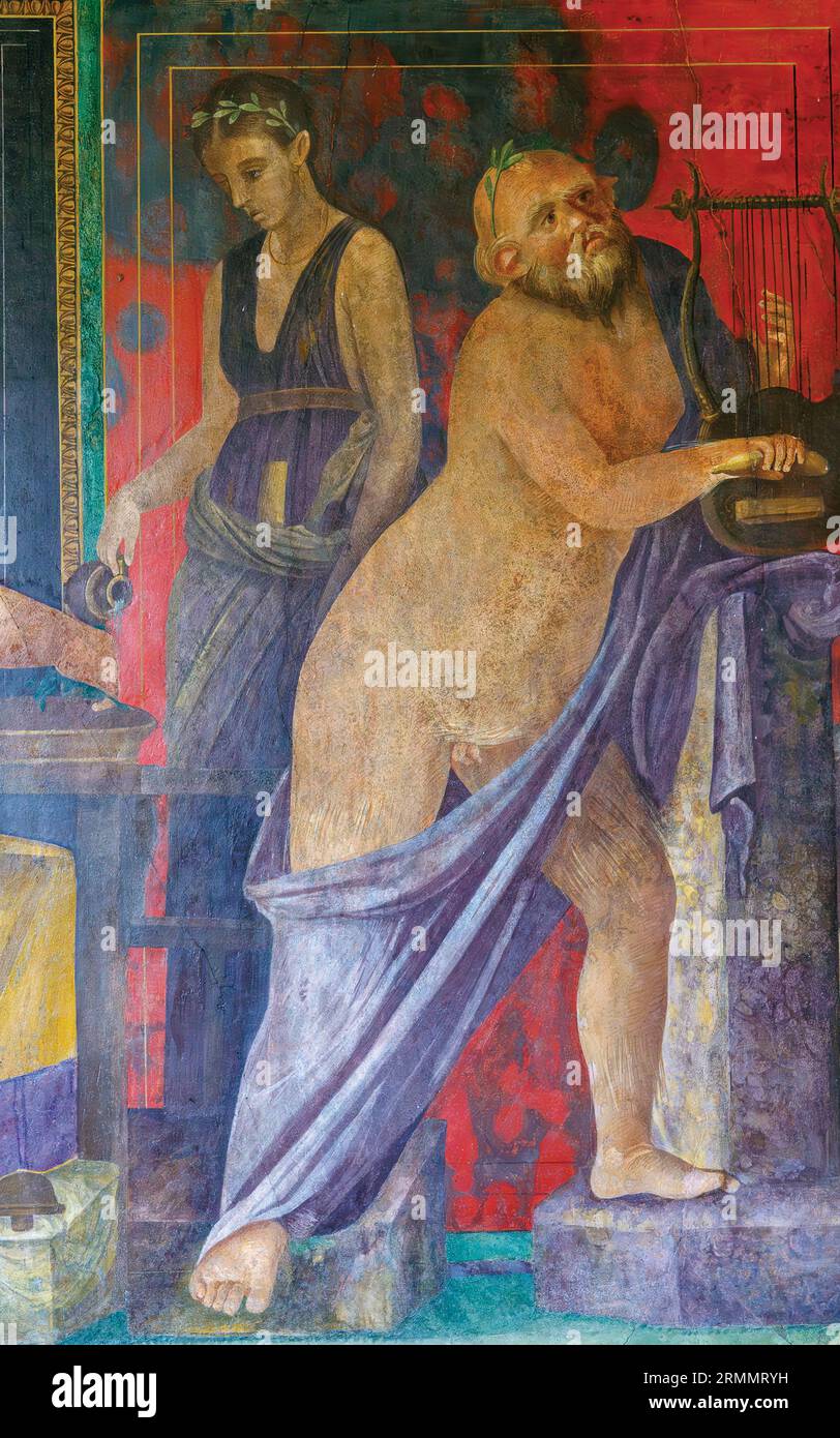 Pompeii Archaeological Site, Campania, Italy.  Silenus plays the lyre.  Detail from the mural in Villa of the Mysteries. Villa dei Misteri.  Pompeii, Stock Photo