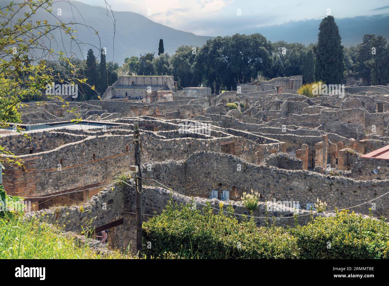 Pompeii Archaeological Site, Campania, Italy.  Overall view of part of the excavated ruins.  Pompeii, Herculaneum, and Torre Annunziata are collective Stock Photo