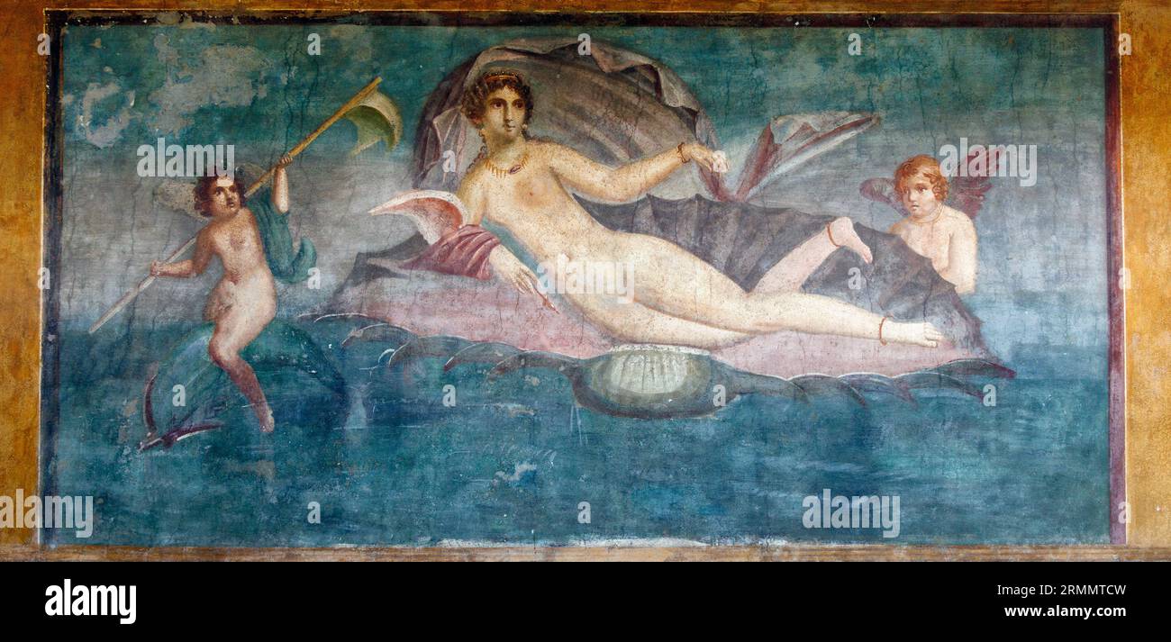 Pompeii Archaeological Site, Campania, Italy.   Fresco of Venus in a seashell.  House of Venus in a Seashell.  Casa della Venere in conchiglia. Pompei Stock Photo