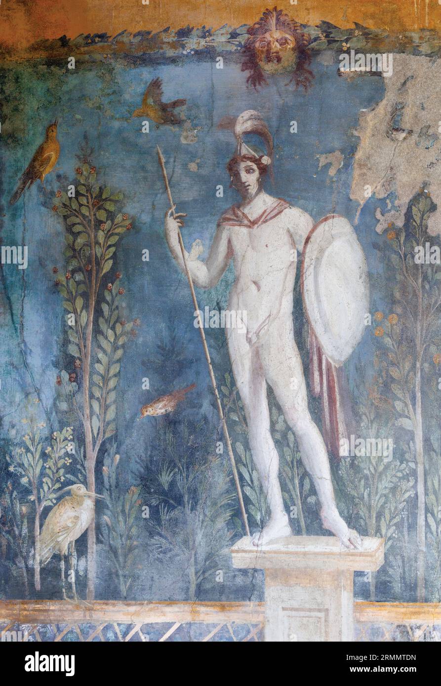 Pompeii Archaeological Site, Campania, Italy.  Fresco of Mars surrounded by birds in a garden setting.  House of Venus in a Seashell.  Casa della Vene Stock Photo
