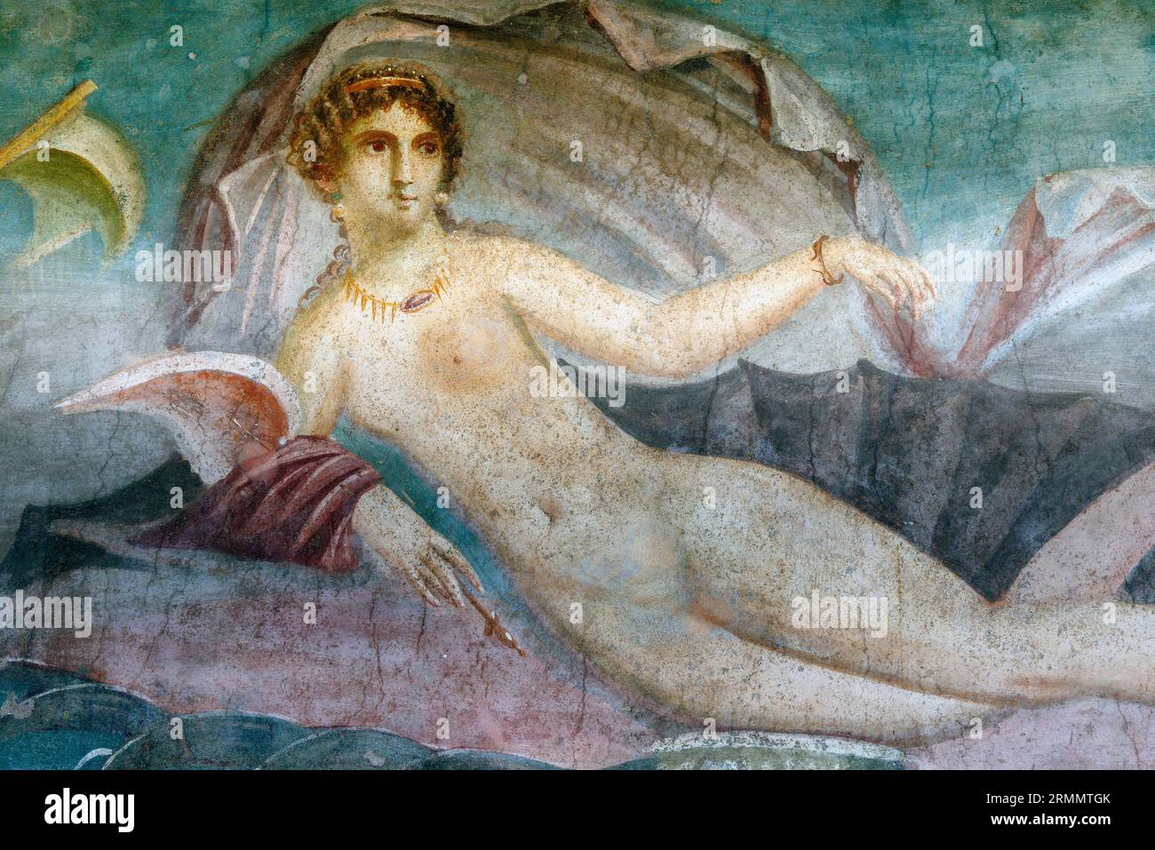 Pompeii Archaeological Site, Campania, Italy.   Fresco of Venus in a seashell.  House of Venus in a Seashell.  Casa della Venere in conchiglia. Pompei Stock Photo