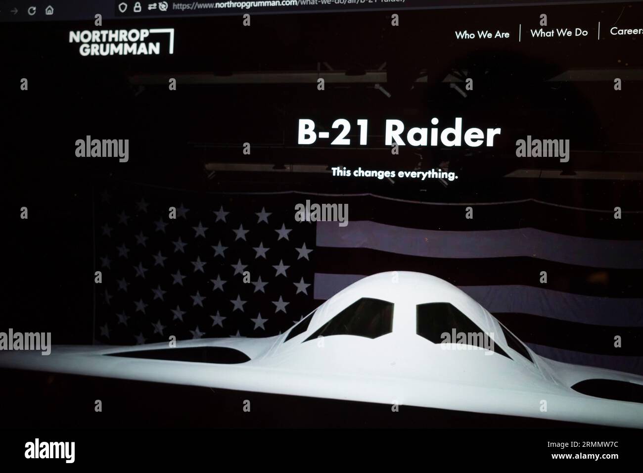 New York, New York, USA. 29th Aug, 2023. Northrop Grumman's website on the B-21 Raider Long Range Strike bomber, set to replace the B-1 Lancer and B-2 Spirit. Defense Contracting, DoD, Pentagon procurement, classified project. (Credit Image: © Taidgh Barron/ZUMA Press Wire) EDITORIAL USAGE ONLY! Not for Commercial USAGE! Stock Photo