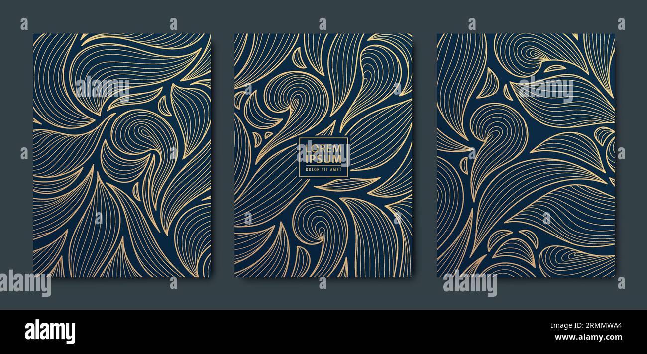 Vector japanese leaves art deco patterns. Floral golden elements template in vintage style. Luxury black line covers, flyers, brochures, packaging Stock Vector