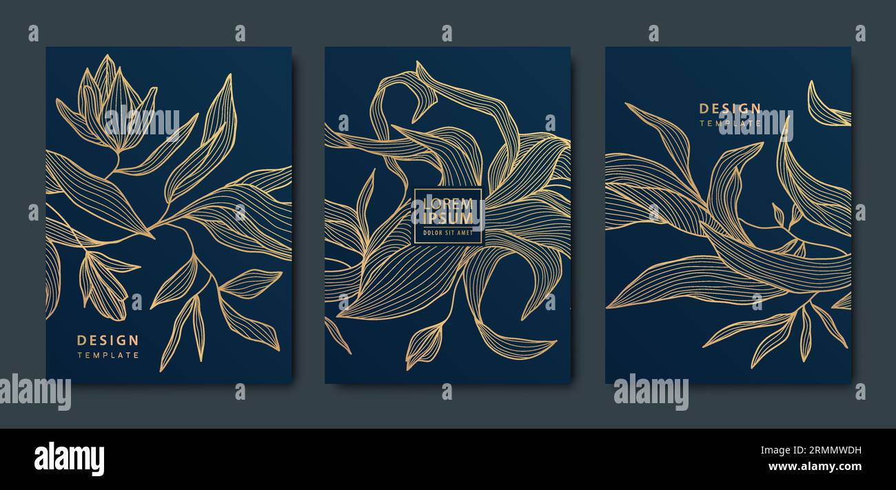 Vector japanese leaves art deco patterns. Floral golden elements template in vintage style. Luxury black line covers, flyers, brochures, packaging Stock Vector