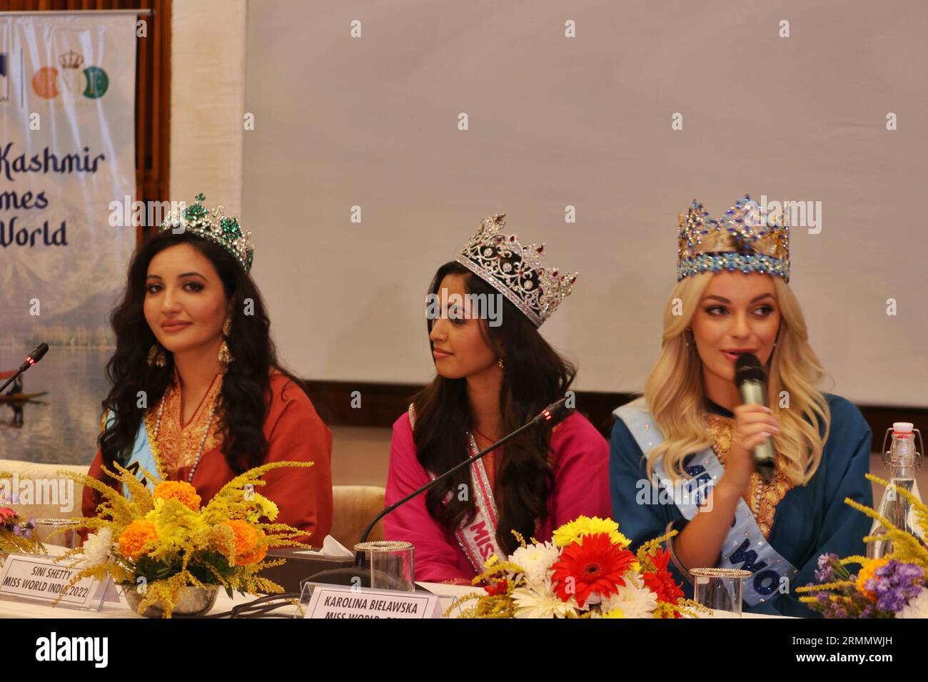 Srinagar, India. 28th Aug, 2023. (L-R) Rouble Nagi Art Foundation and Studio Saksham head Rouble Nagi, Miss World America Shree Saini, Miss World India Sini Shetty, and Miss World Karolina Bielawska attend a press conference at the Kashmir International Convention Centre (KICC) in Srinagar, the summer capital of Indian Kashmir, 28 August 2023. Bielawska is on a day-long visit to Kashmir. The 71st edition of the international beauty pageant is scheduled to be held in India on 09 December 2023. (Photo by Mubashir Hassan/Pacific Press/Sipa USA) Credit: Sipa USA/Alamy Live News Stock Photo