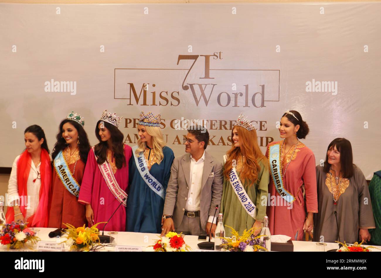 (L-R) Rouble Nagi Art Foundation and Studio Saksham head Rouble Nagi, Miss World America Shree Saini, Miss World India Sini Shetty, Miss World Karolina Bielawska, PME Entertainment chairman Jamil Saidi, Miss World England Jessica Gagen, and Miss World Caribbean Emmy Pena attend a press conference at the Kashmir International Convention Centre (KICC) in Srinagar, the summer capital of Indian Kashmir, 28 August 2023. Bielawska is on a day-long visit to Kashmir. The 71st edition of the international beauty pageant is scheduled to be held in India on 09 December 2023. (Photo by Mubashir Hassan/Pac Stock Photo