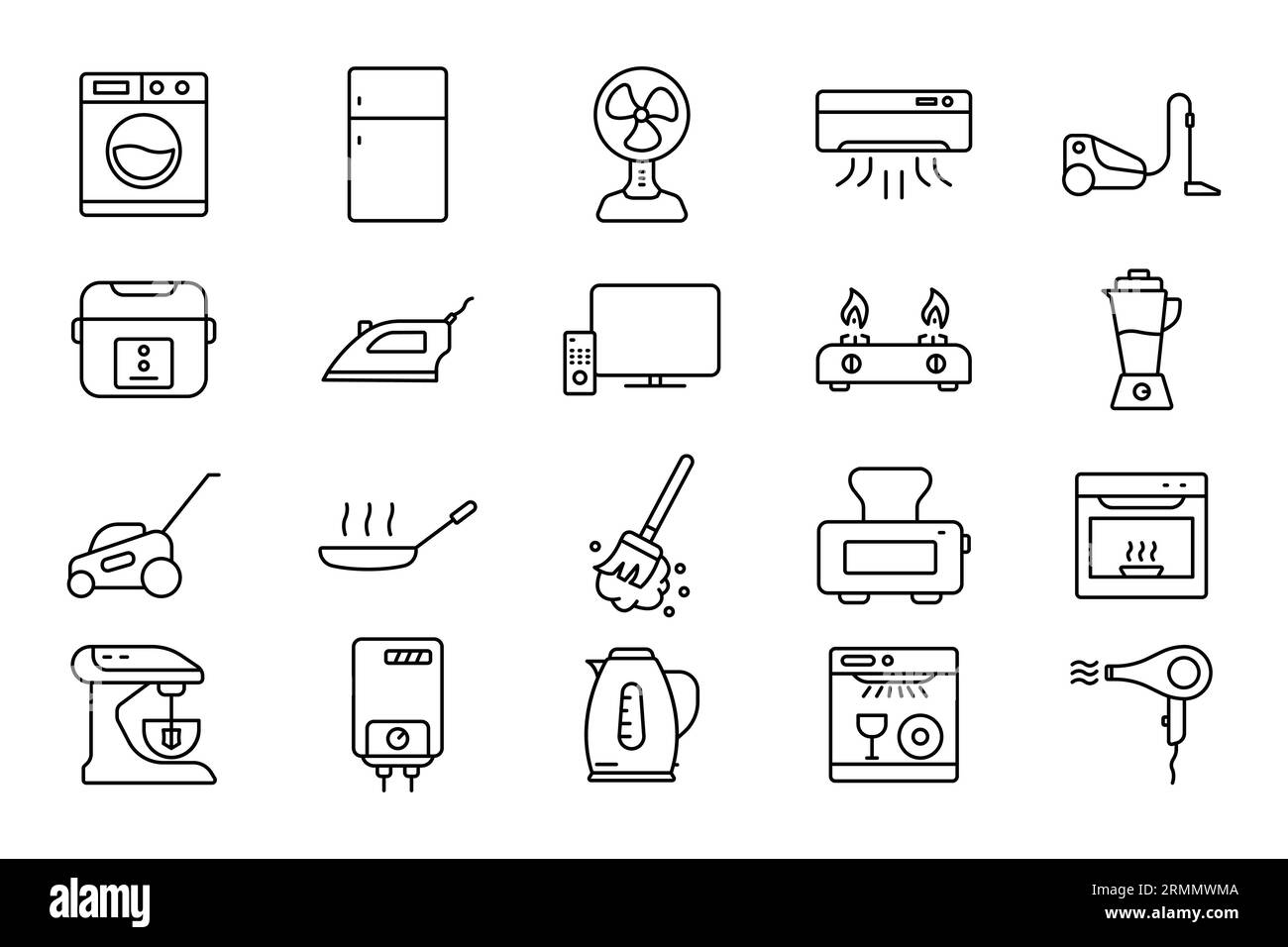 Home appliance icon set. icon related to household appliance. Containing washing machine, refrigerator, fan, vacuum cleaner, TV and more. Line icon st Stock Vector