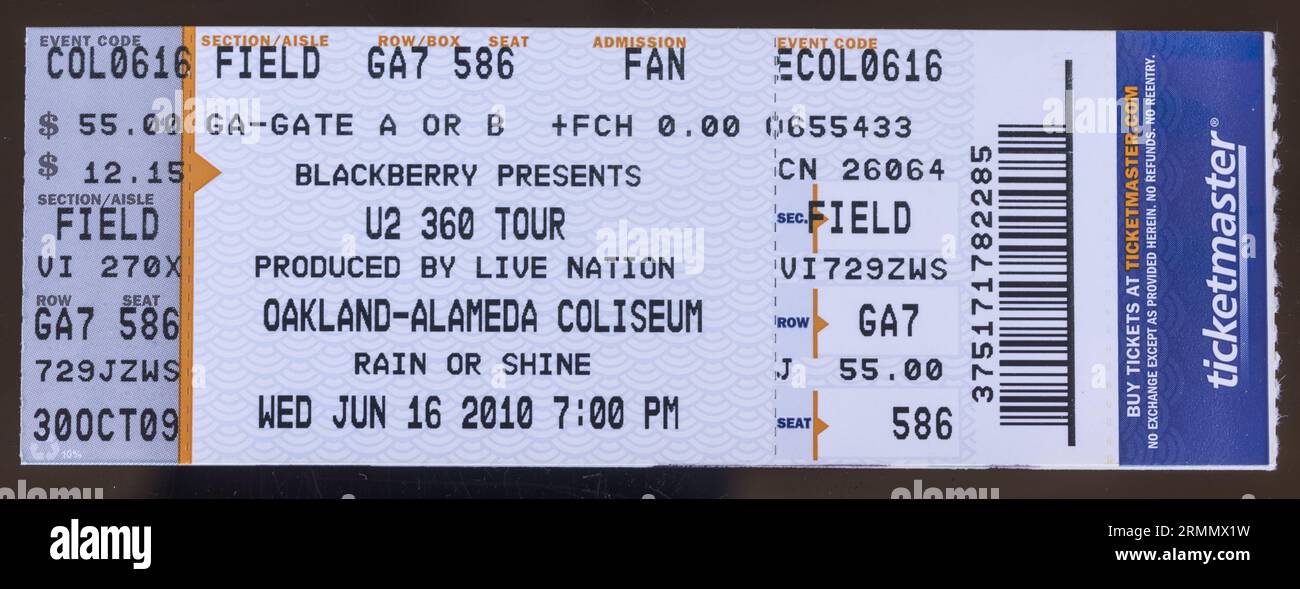 Oakland, California - June 16, 2010 - Old used ticket stub for U2 360 Tour at Oakland-Alameda Coliseum Stock Photo