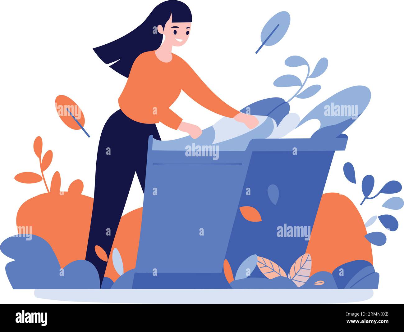 Hand Drawn woman with recycling bin in flat style isolated on