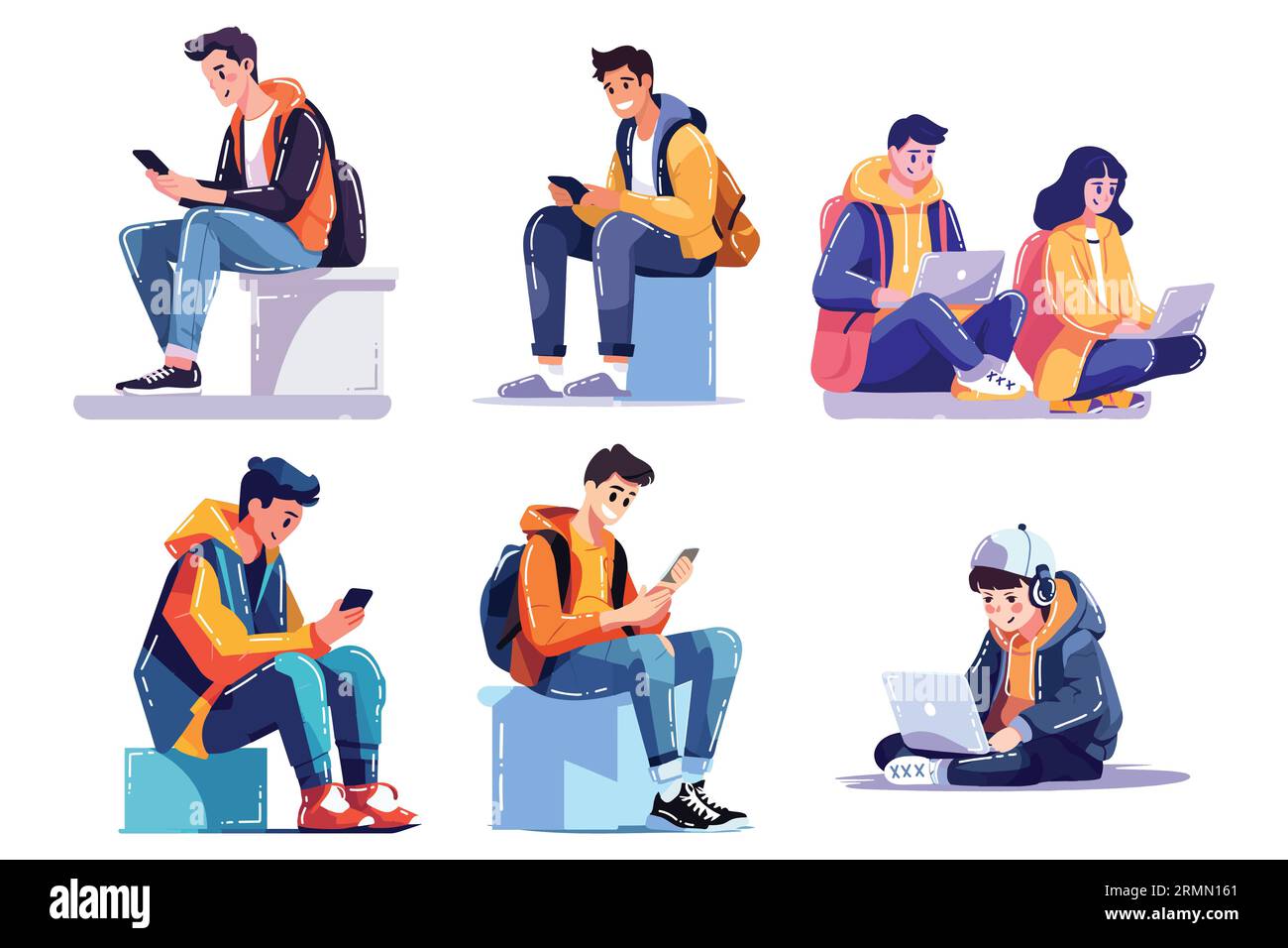 Hand Drawn teenage boy sitting and playing mobile phones and laptops in flat style isolated on background Stock Vector