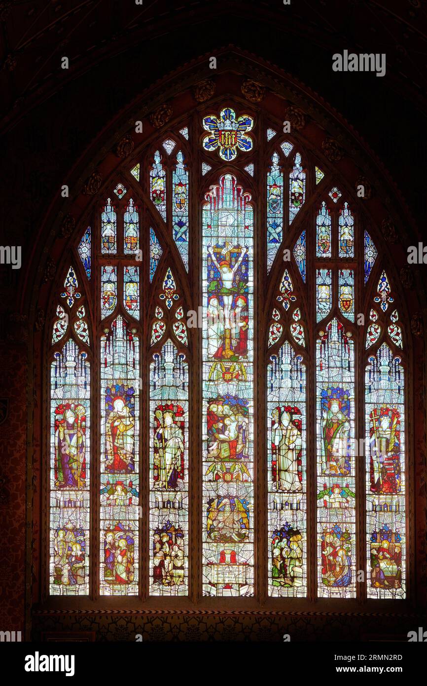 Stained glass wndow in the chapel at Queens' College, University of Cambridge, England. Stock Photo