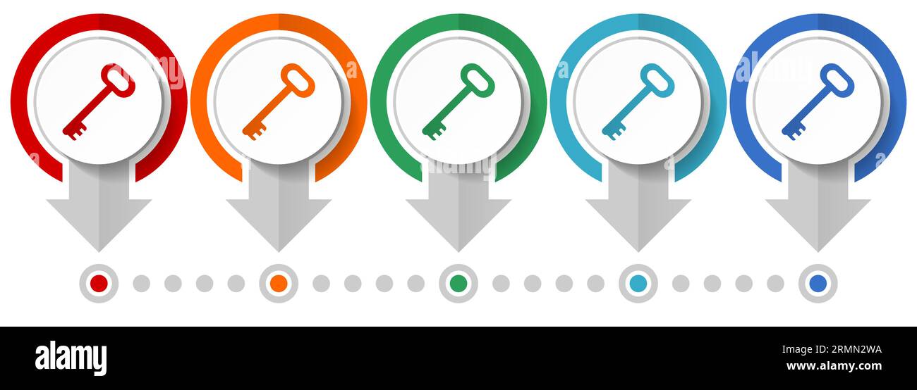 Key vector icon set, flat design infographic template, set pointer concept icons in 5 color options for webdesign and mobile applications Stock Vector