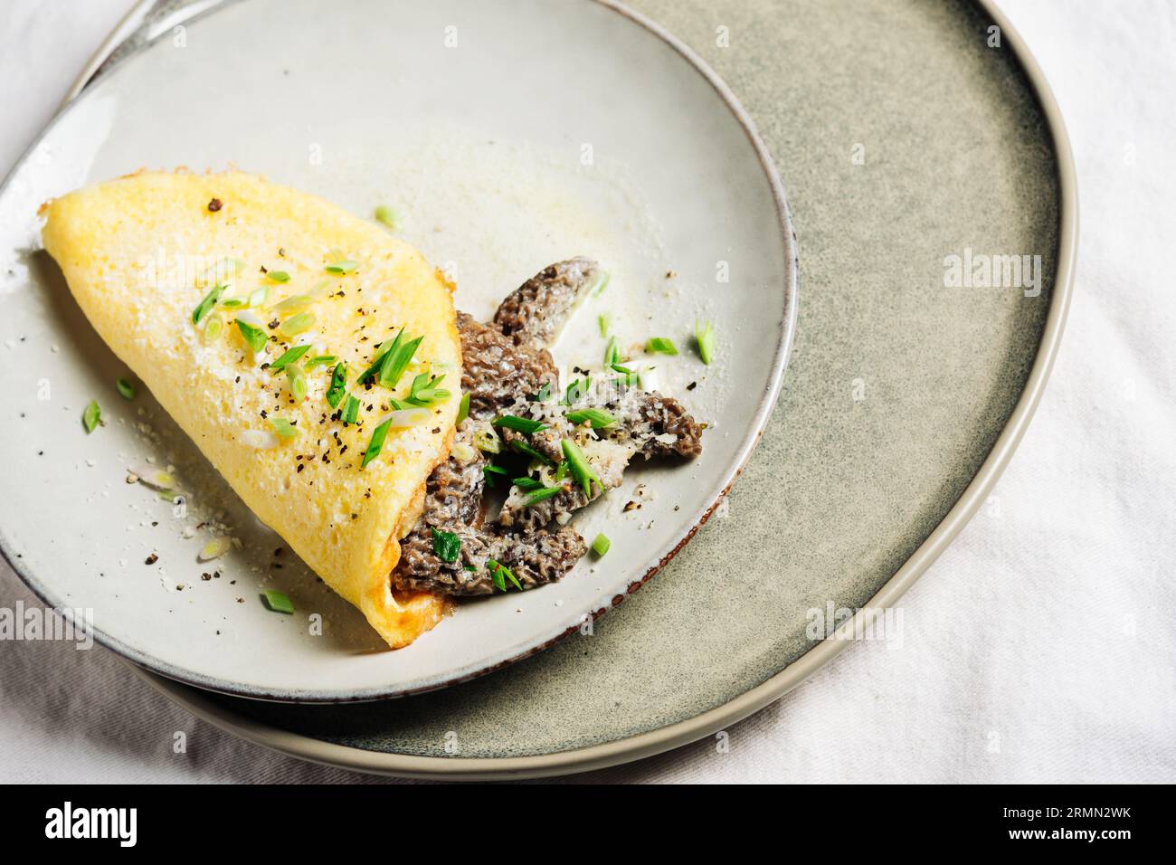 Omelette with morel mushrooms in a creamy sauce with herbs Stock Photo