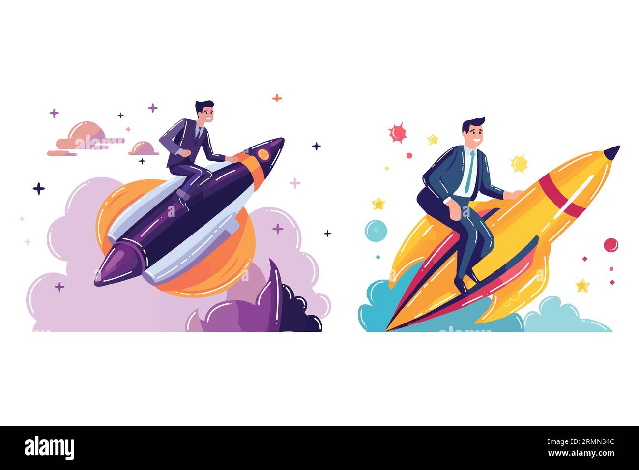 Hand Drawn businessman riding a rocket in flat style isolated on background Stock Vector