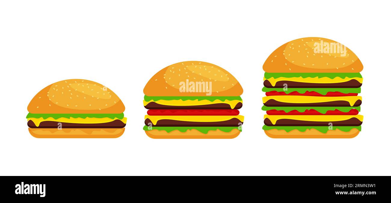Three different sizes of burgers. Classic hamburger to very big burger