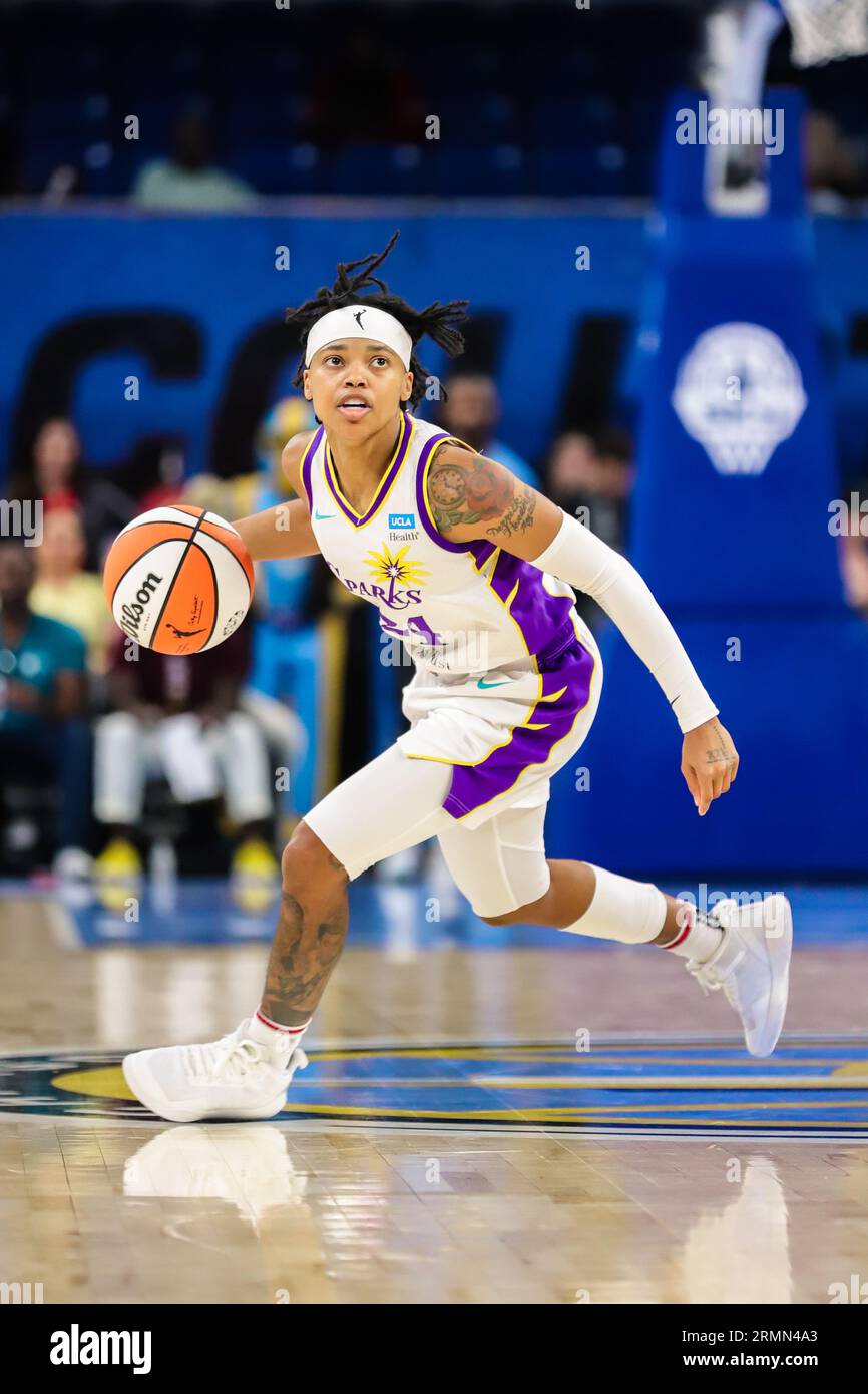 LA Sparks player dribbling up court in Chicago, IL at Wintrust Arena. Stock Photo