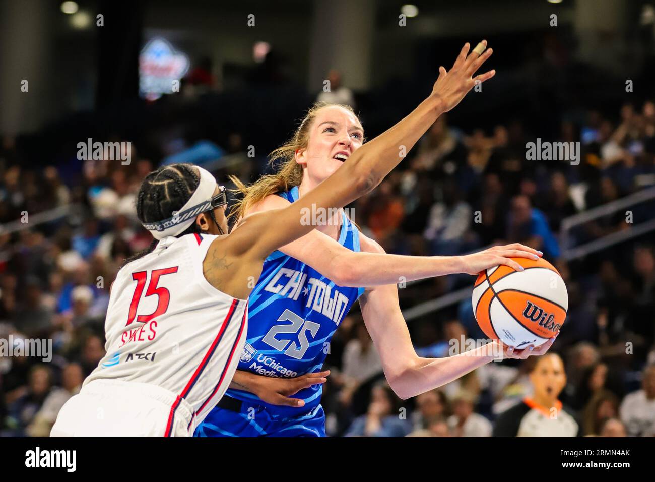 Morgan Bertsch of the Chicago Sky going up for a layup against a Mystic's player in Chicago, IL at Wintrust Areana. Stock Photo