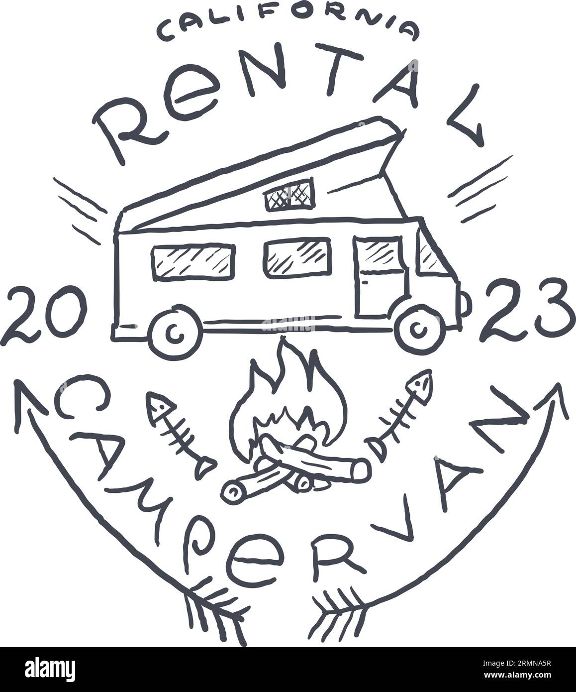 Car Rental Vampervan Vintage Logo Label hand Drawn. Vector Stock Vector