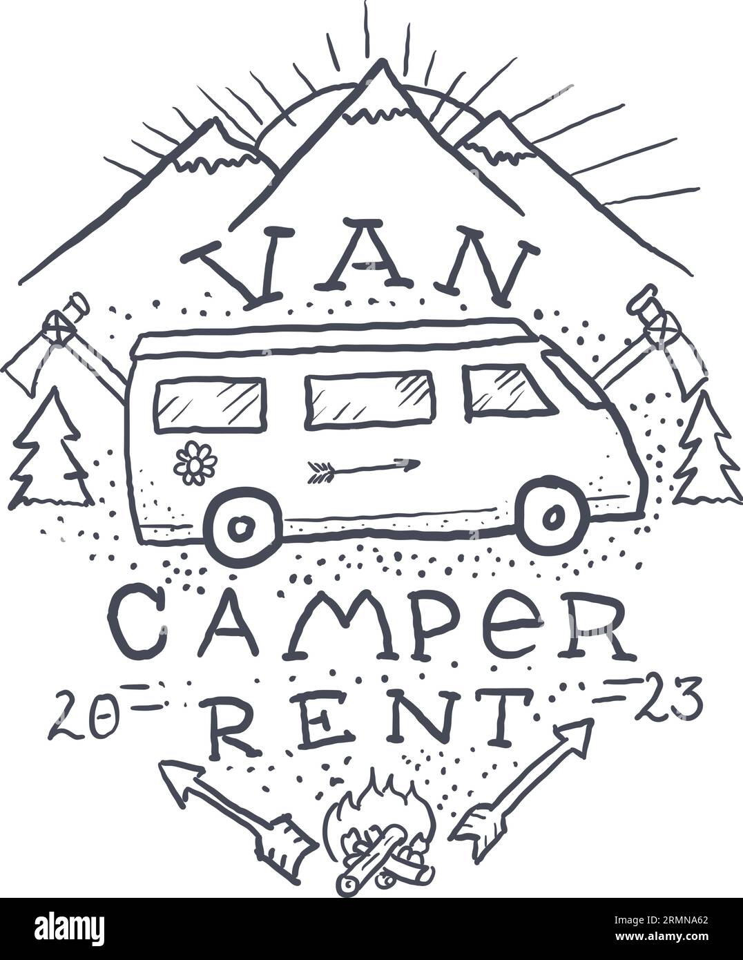 Car Rental Vampervan Vintage Logo Label hand Drawn. Vector Stock Vector