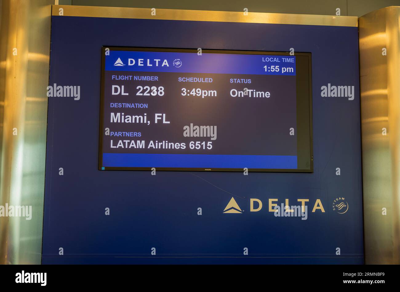 Close-up view of information display of Delta airlines at airport gate. USA. Miami Beach. Stock Photo