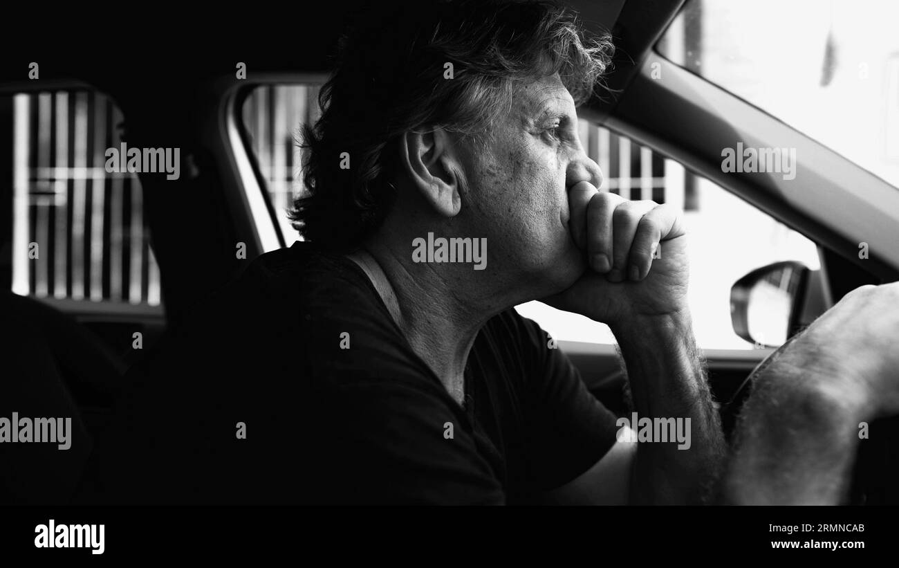 Depressing Car Ride Senior Man Experiencing Sadness in Parked Car, Holding Steering Wheel ...