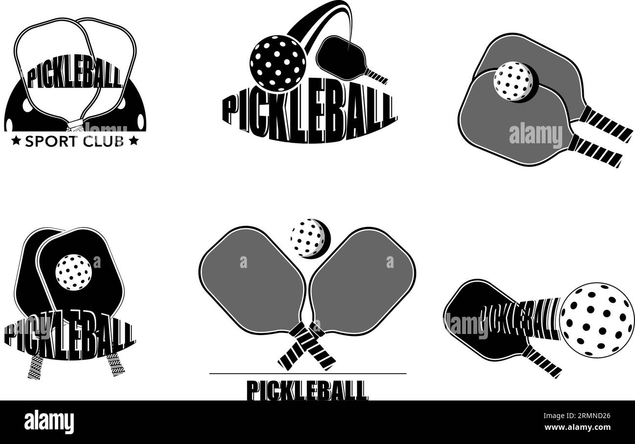 Set of different monochromatic pickle ball logo design Stock Vector