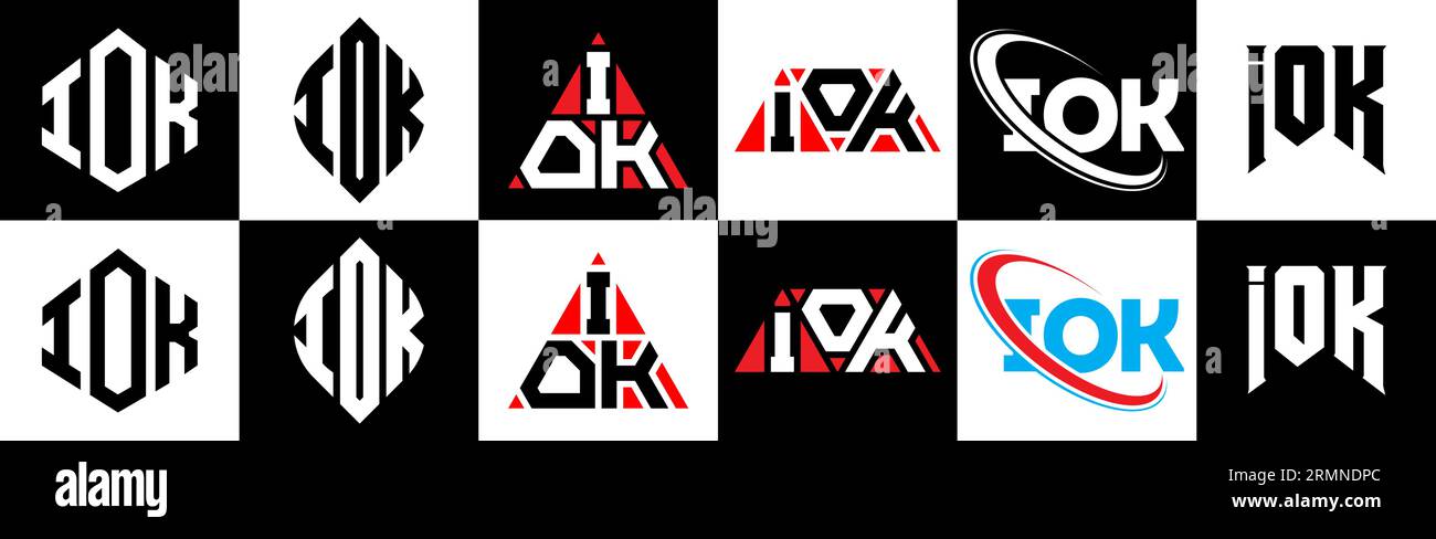 IOK letter logo design in six style. IOK polygon, circle, triangle, hexagon, flat and simple style with black and white color variation letter logo se Stock Vector