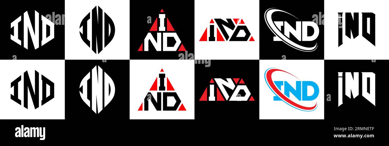 IND letter logo design in six style. IND polygon, circle, triangle, hexagon, flat and simple style with black and white color variation letter logo se Stock Vector