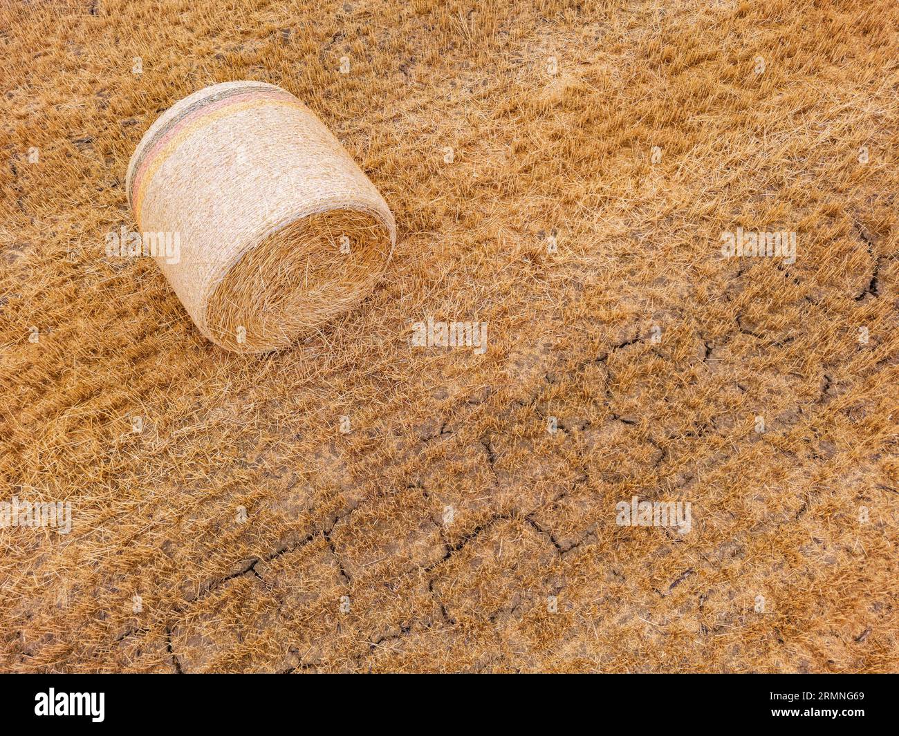 A round pressed hay bale on earth soil with cracks due to dryness as aerial photograph, Germany Stock Photo