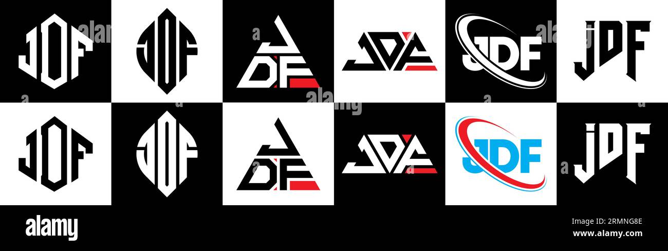 JDF letter logo design in six style. JDF polygon, circle, triangle, hexagon, flat and simple style with black and white color variation letter logo se Stock Vector