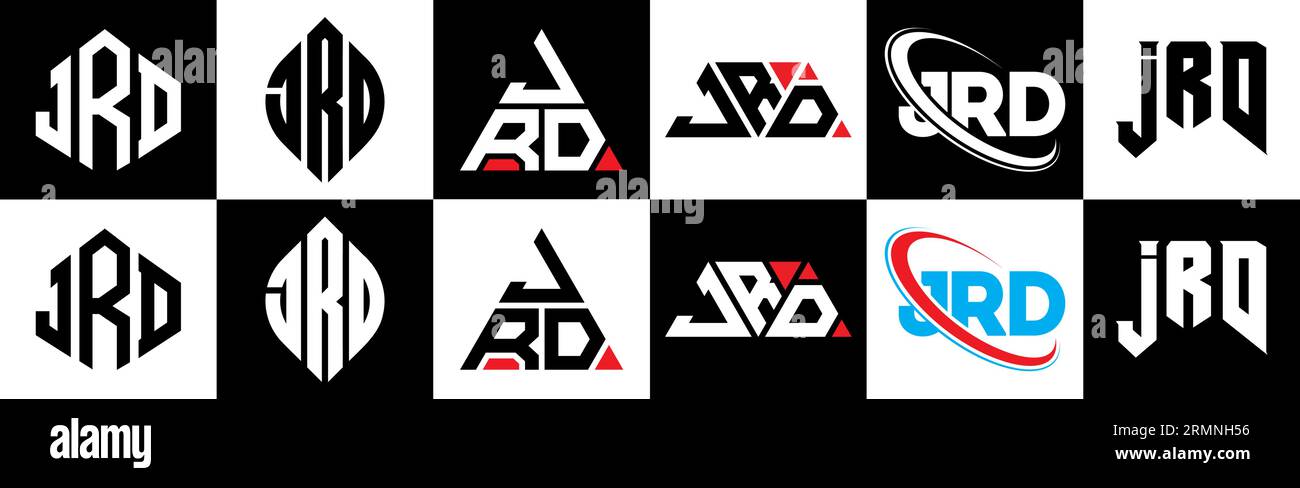 JRD letter logo design in six style. JRD polygon, circle, triangle, hexagon, flat and simple style with black and white color variation letter logo se Stock Vector