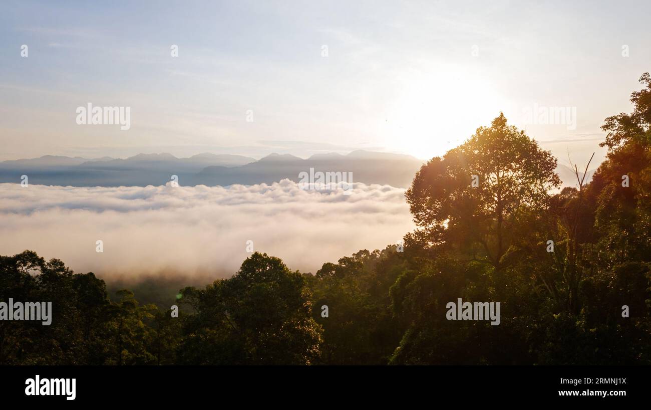 A stunning sunset is silhouetting a lush landscape of tall mountains ...