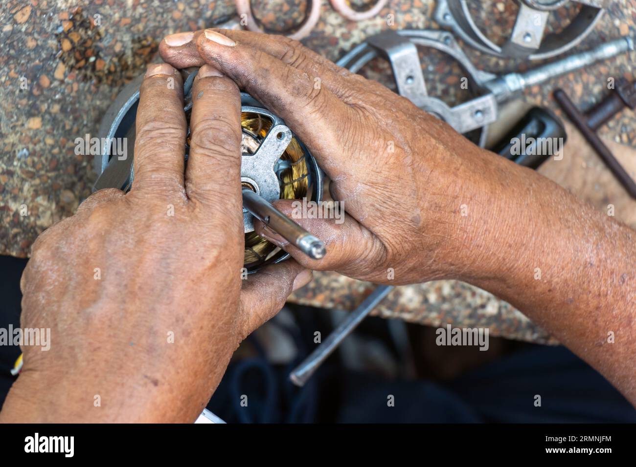 Repair of old electric motor, close up view Stock Photo