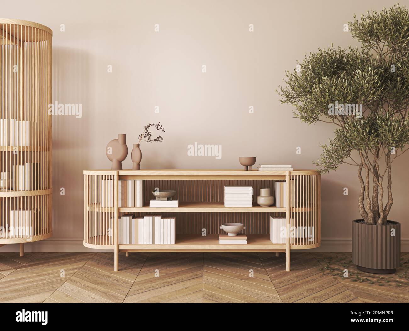 Japanese boho beige interior with shelfs and ethnic commode background ...