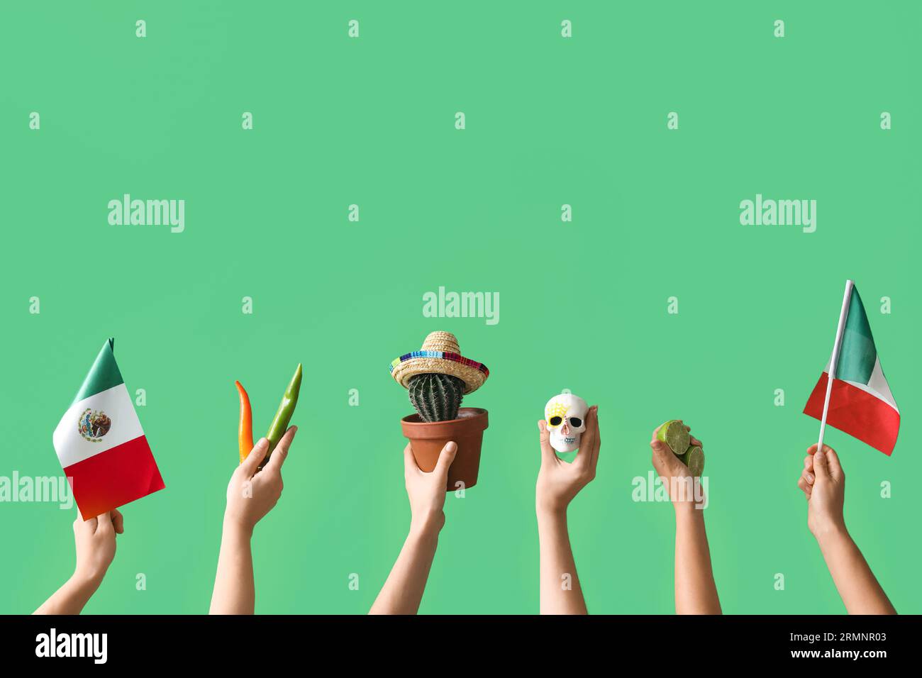 Female hands holding Mexican flags, cactus, painted skull, chilli ...