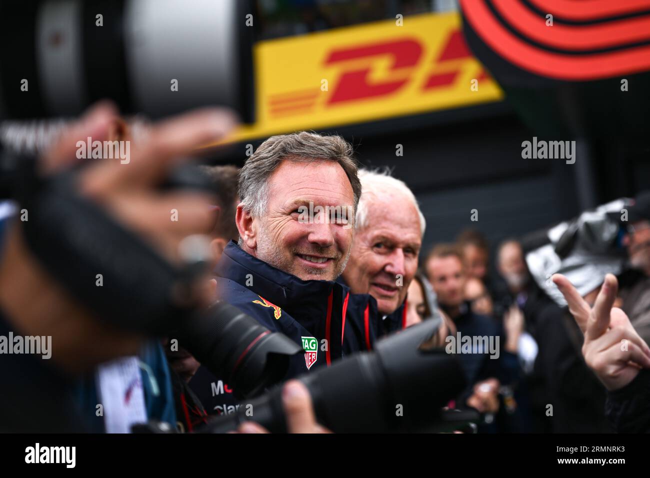 Zandvoort, Mezzolombardo, Netherlands. 27th Aug, 2023. Christian Horner (Team Principal of the Red Bull Racing) and Helmut Marko celebrate the 9th consecutive victory of Max Verstappen during the 2023 FIA Formula 1 Dutch Grand Prix at Zandvoort Circuit in Zandvoort, the Netherlands. (Credit Image: © Daisy Facinelli/ZUMA Press Wire) EDITORIAL USAGE ONLY! Not for Commercial USAGE! Stock Photo