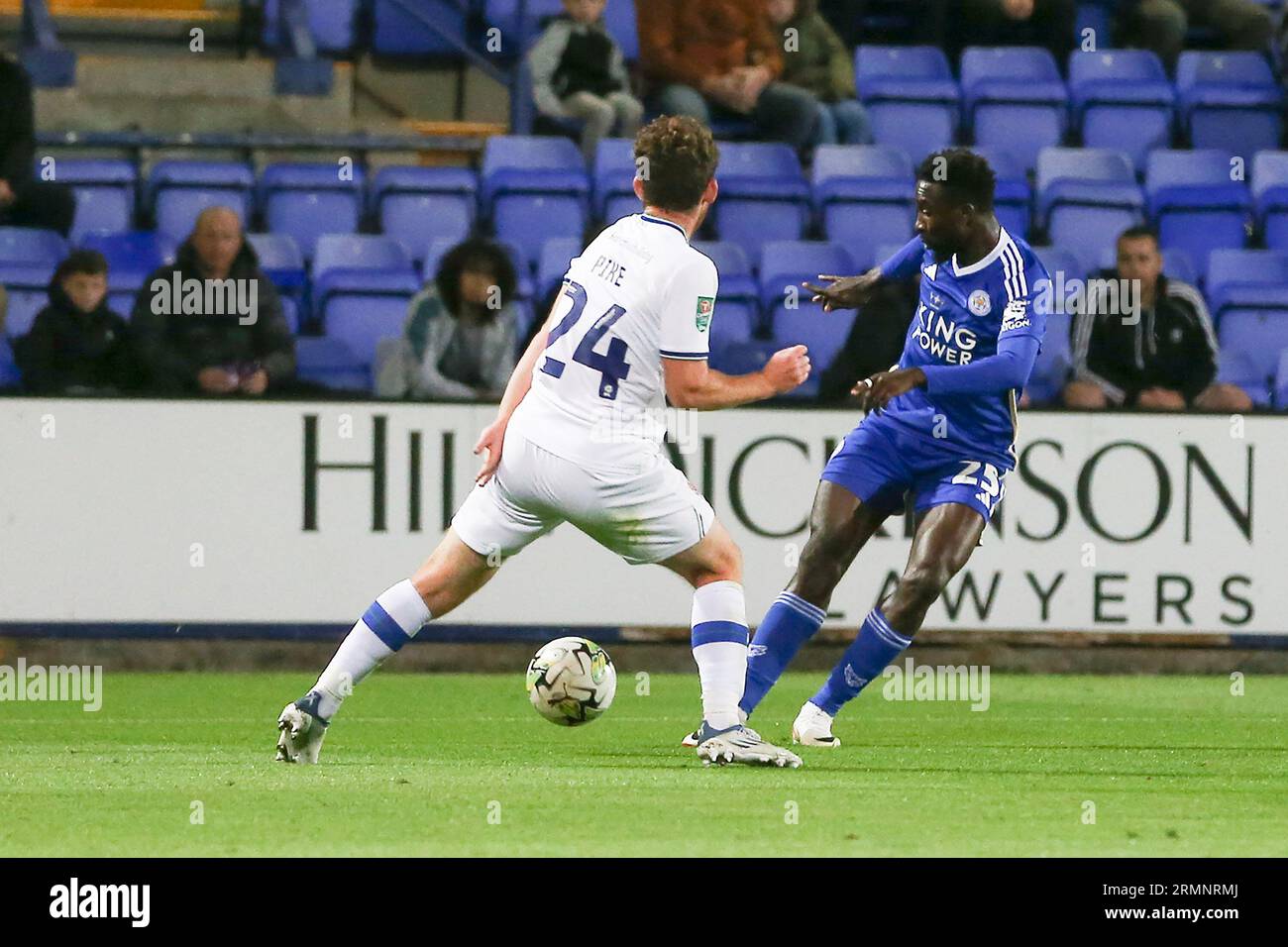 Birkenhead, UK. 29th Aug, 2023. Wilfred Ndidi of Leicester City (r) shoots and scores his teams 1st goal. EFL Carabao Cup, 2nd round match, Tranmere Rovers v Leicester City at Prenton Park, Birkenhead, Wirral on Tuesday 29th August 2023. this image may only be used for Editorial purposes. Editorial use only, .pic by Chris Stading/ Credit: Andrew Orchard sports photography/Alamy Live News Stock Photo