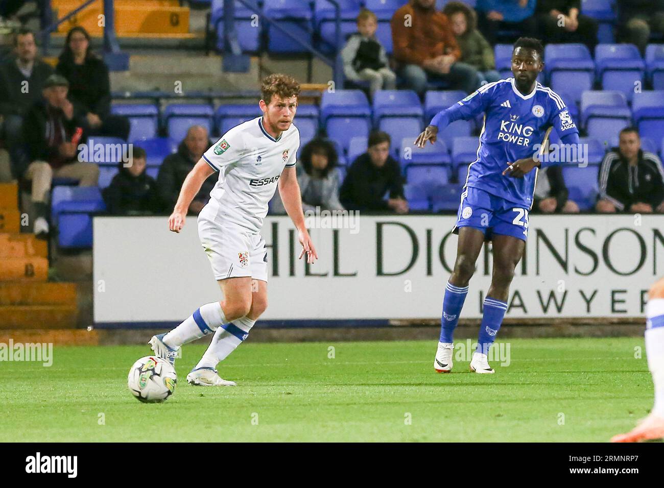 Birkenhead, UK. 29th Aug, 2023. Wilfred Ndidi of Leicester City (r) shoots and scores his teams 1st goal. EFL Carabao Cup, 2nd round match, Tranmere Rovers v Leicester City at Prenton Park, Birkenhead, Wirral on Tuesday 29th August 2023. this image may only be used for Editorial purposes. Editorial use only, .pic by Chris Stading/ Credit: Andrew Orchard sports photography/Alamy Live News Stock Photo