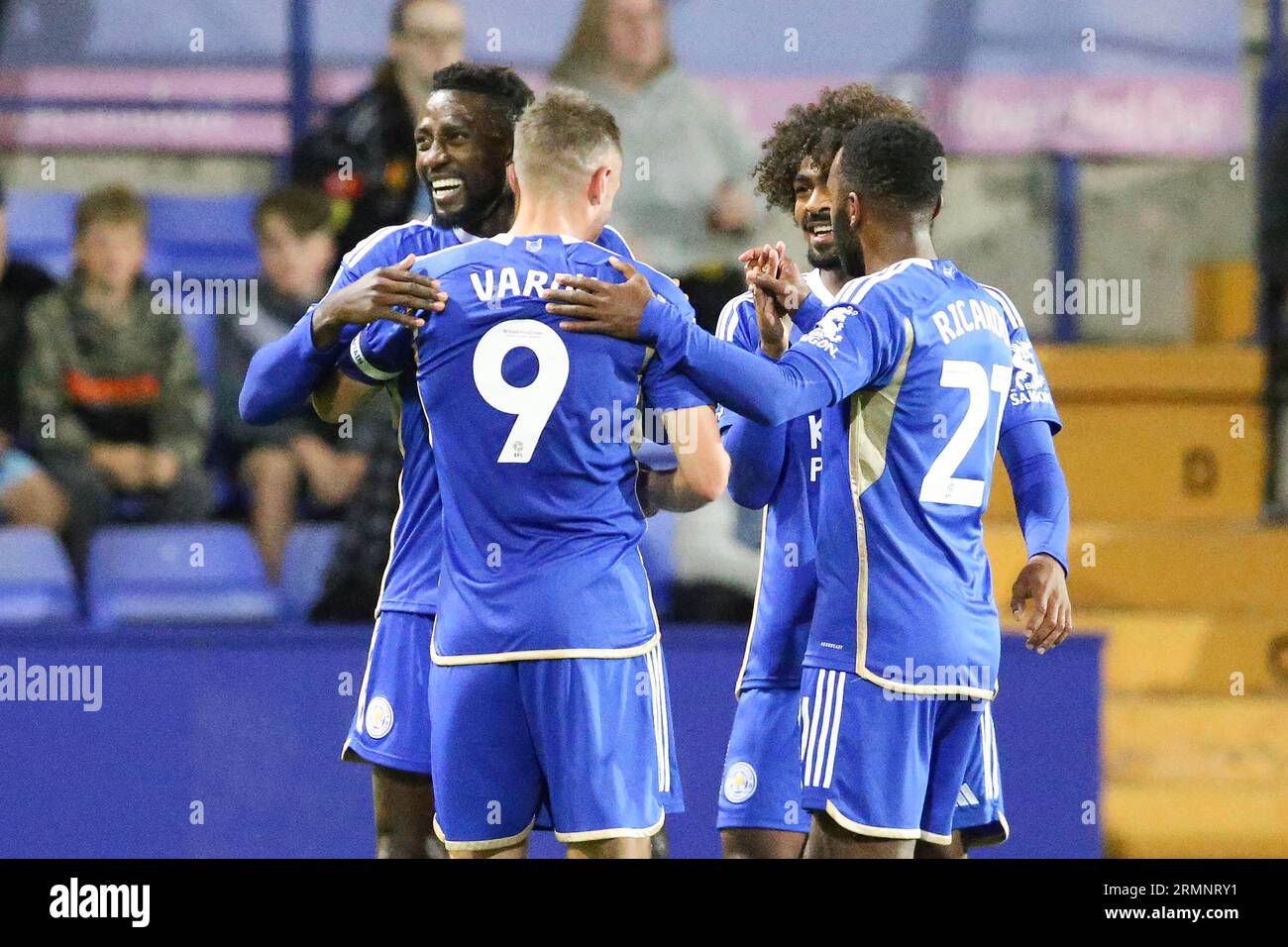 Birkenhead, UK. 29th Aug, 2023. Wilfred Ndidi of Leicester City (l) celebrates with his teammates after scoring his teams 1st goal. EFL Carabao Cup, 2nd round match, Tranmere Rovers v Leicester City at Prenton Park, Birkenhead, Wirral on Tuesday 29th August 2023. this image may only be used for Editorial purposes. Editorial use only, .pic by Chris Stading/ Credit: Andrew Orchard sports photography/Alamy Live News Stock Photo