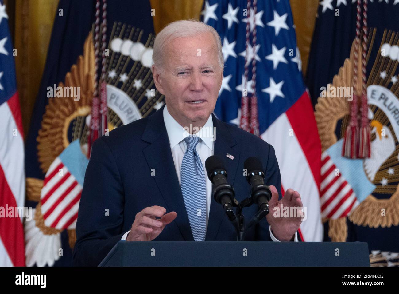 United States President Joe Biden makes remarks on lowering healthcare costs at the White House in Washington, DC, August 29, 2023.Credit: Chris Kleponis/CNP /MediaPunch Stock Photo