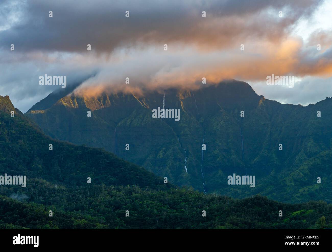 Mountains of the Na Pali mountain range in the distance above Hanalei
