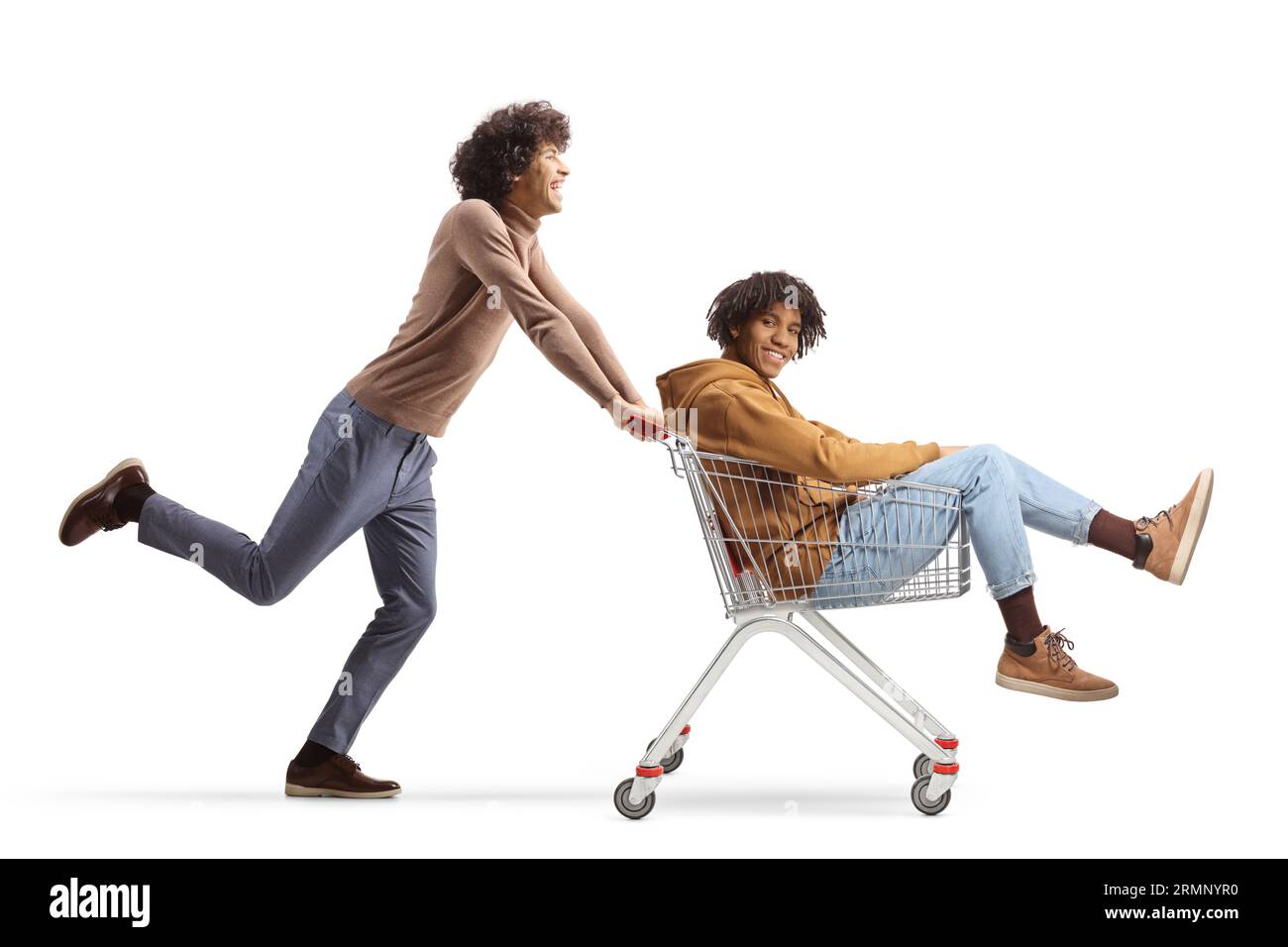 Caucasian guy pushing an african american young man inside a shopping
