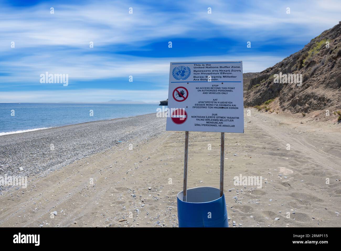 Begining of the united nations buffer zone at Morphu Bay , Cyprus. Stock Photo