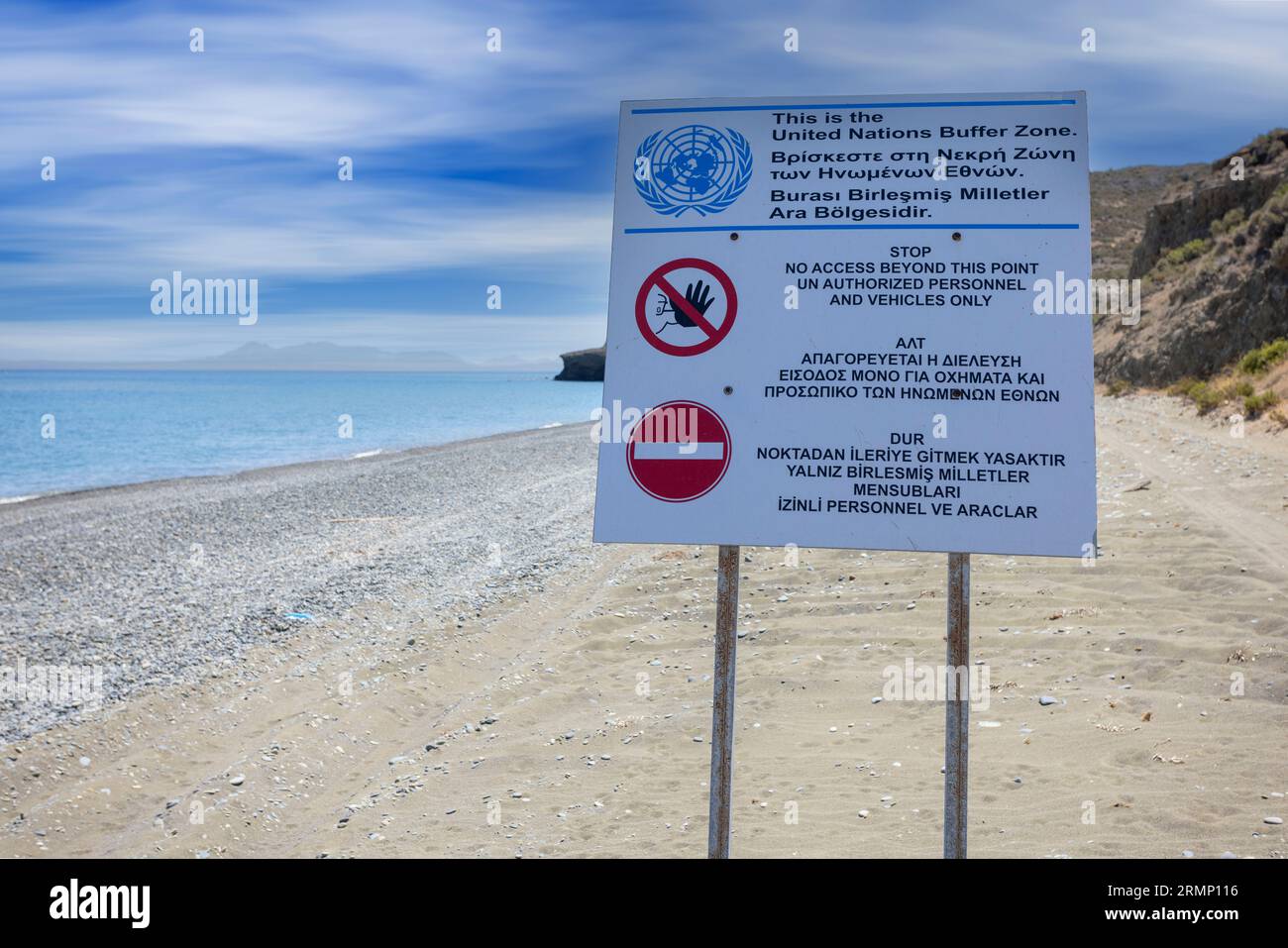 Begining of the united nations buffer zone at Morphu Bay , Cyprus. Stock Photo