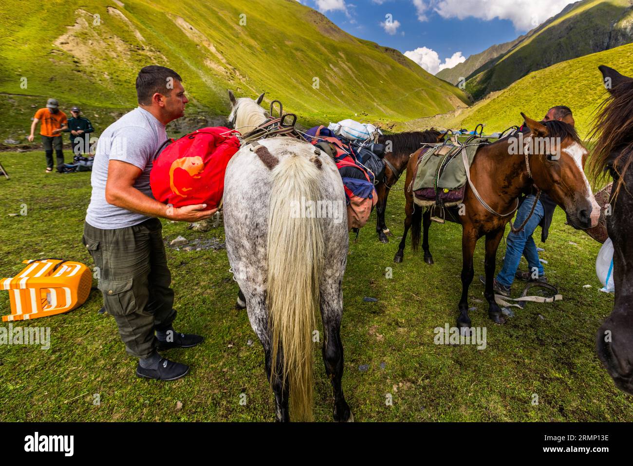 At the end of the day's stage in Tusheti (Georgia), the pack horses are unloaded and re-shod with horseshoes if necessary Stock Photo