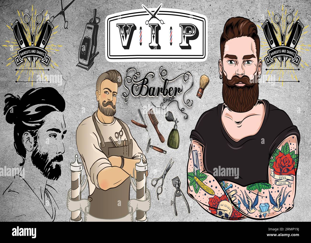 3D wallpaper showing a set of barber tools for barbershops Stock